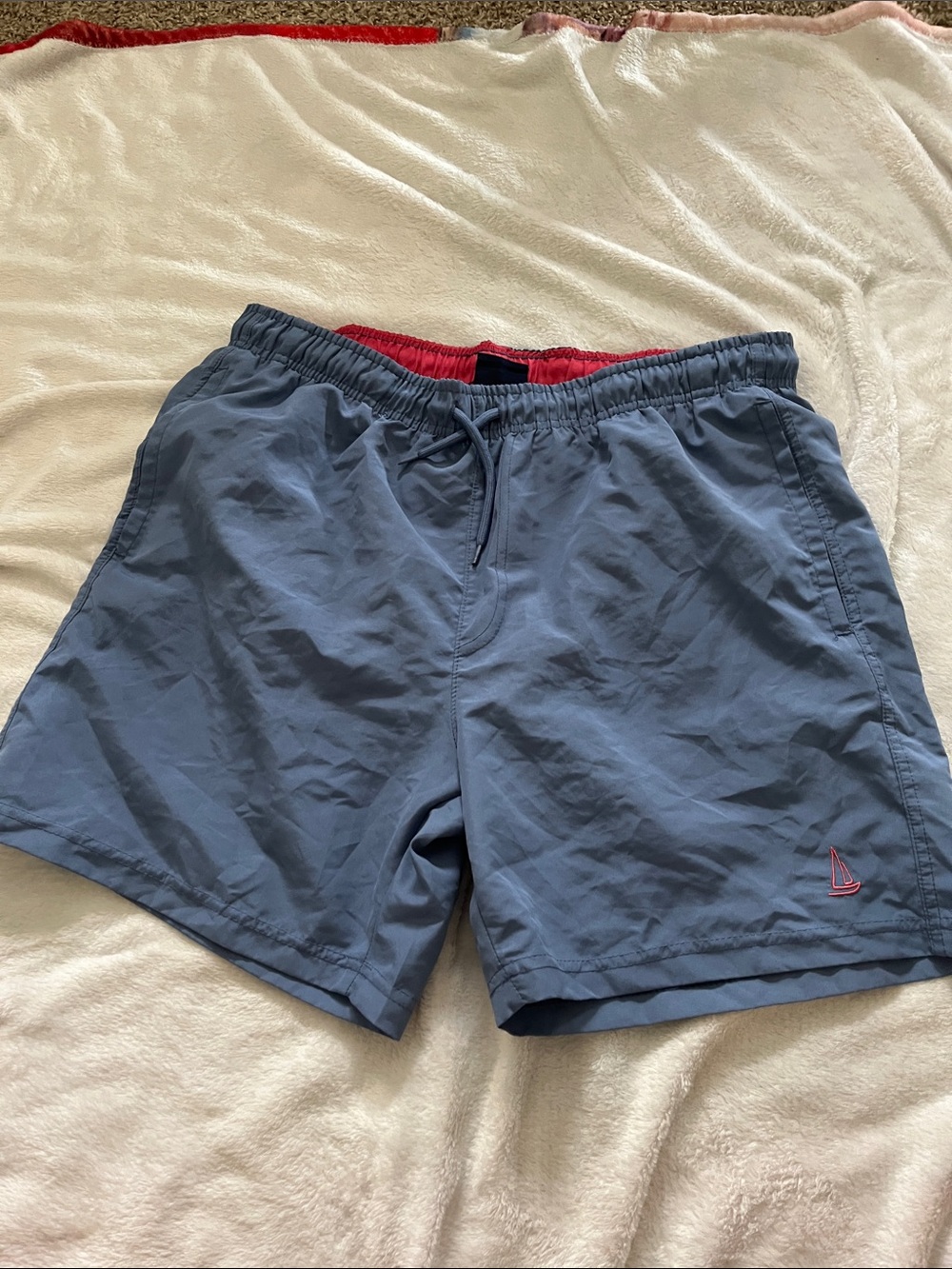 Men's Blue Swim Trunks with Red Lining